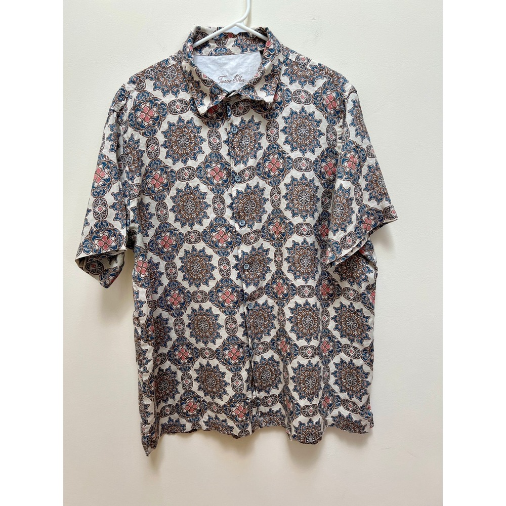 Tasso Elba Shirt Mens XXL Blue Medallion Print 100% Linen Short Sleeve Casual